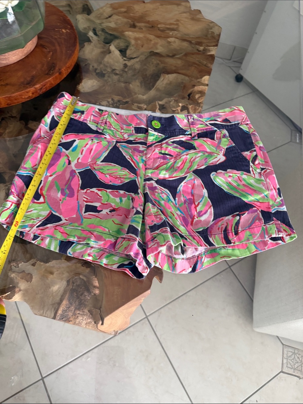 Lilly Pulitzer Pink and Green Leaf Print Shorts on Navy